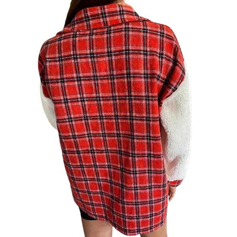 Autumn & Winter Warm Plaid Plush Stitching Jacket with Pockets