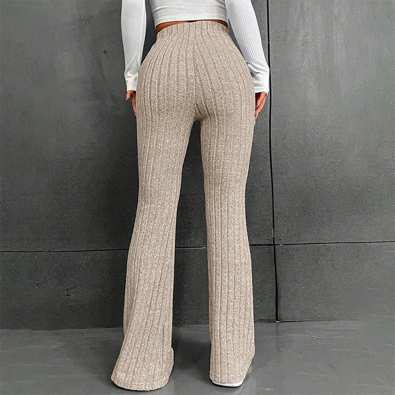 Fall Solid Stripe Wide-Legged Knitted Pants