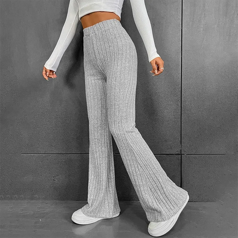 Fall Solid Stripe Wide-Legged Knitted Pants