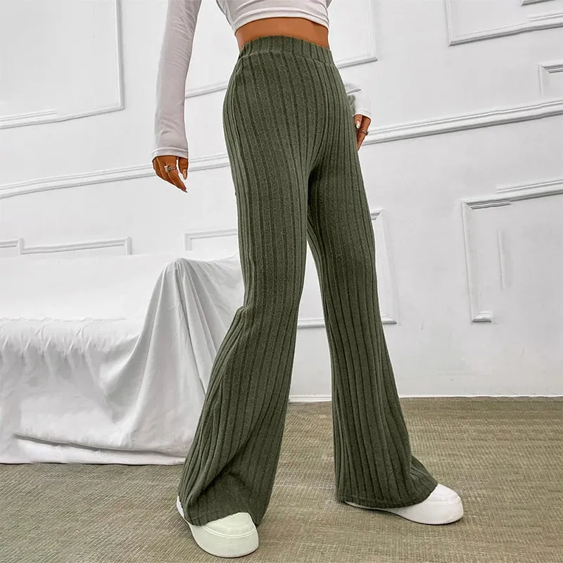 Fall Solid Stripe Wide-Legged Knitted Pants