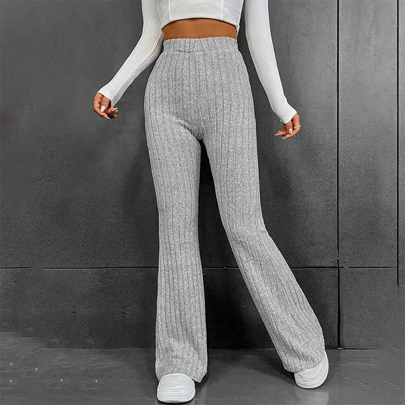 Fall Solid Stripe Wide-Legged Knitted Pants
