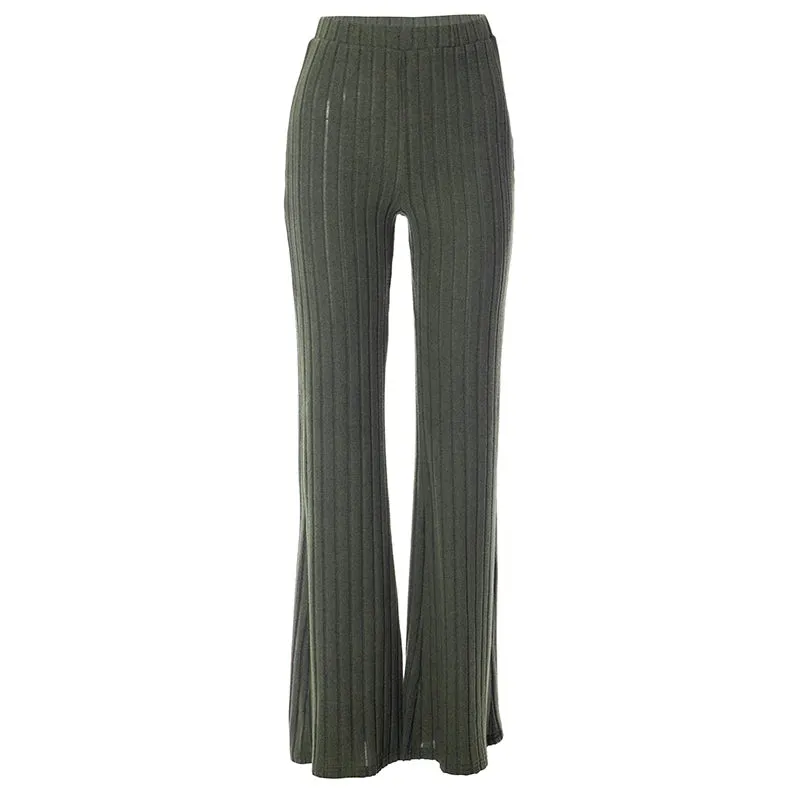 Fall Solid Stripe Wide-Legged Knitted Pants