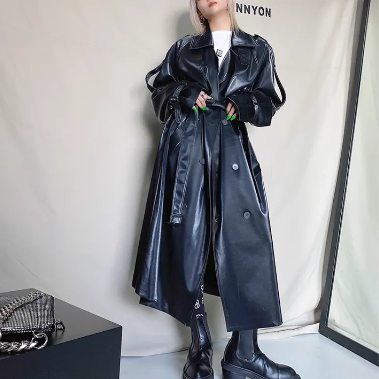 MELEA Leather Long Trench Coat