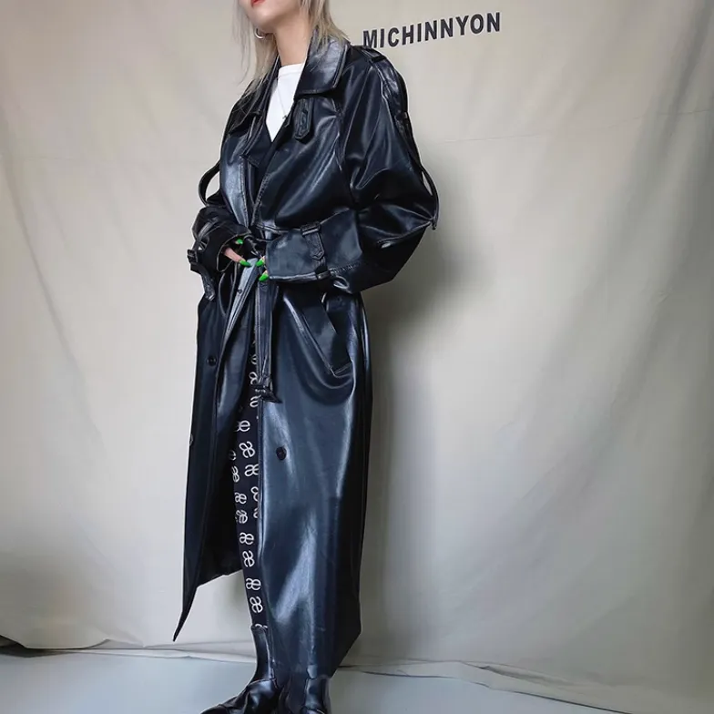 MELEA Leather Long Trench Coat