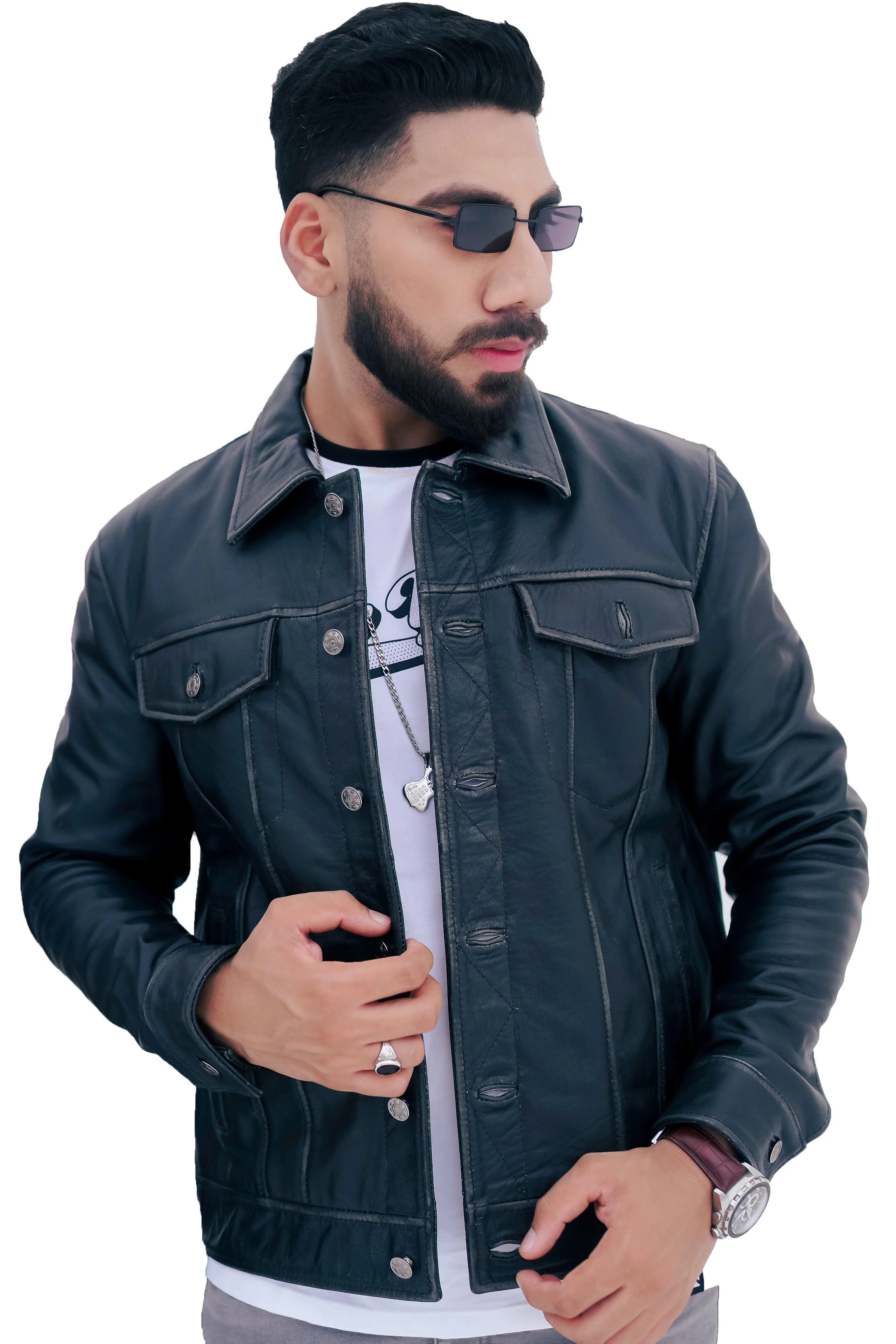 NEW MENS TRUCKER BLACK VINTAGE BIKER LEATHER JACKET