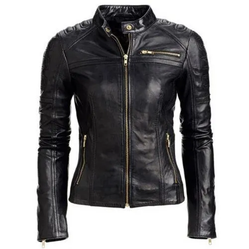 Petite Black Women's Slim Fit Biker Style Real Leather Jacket