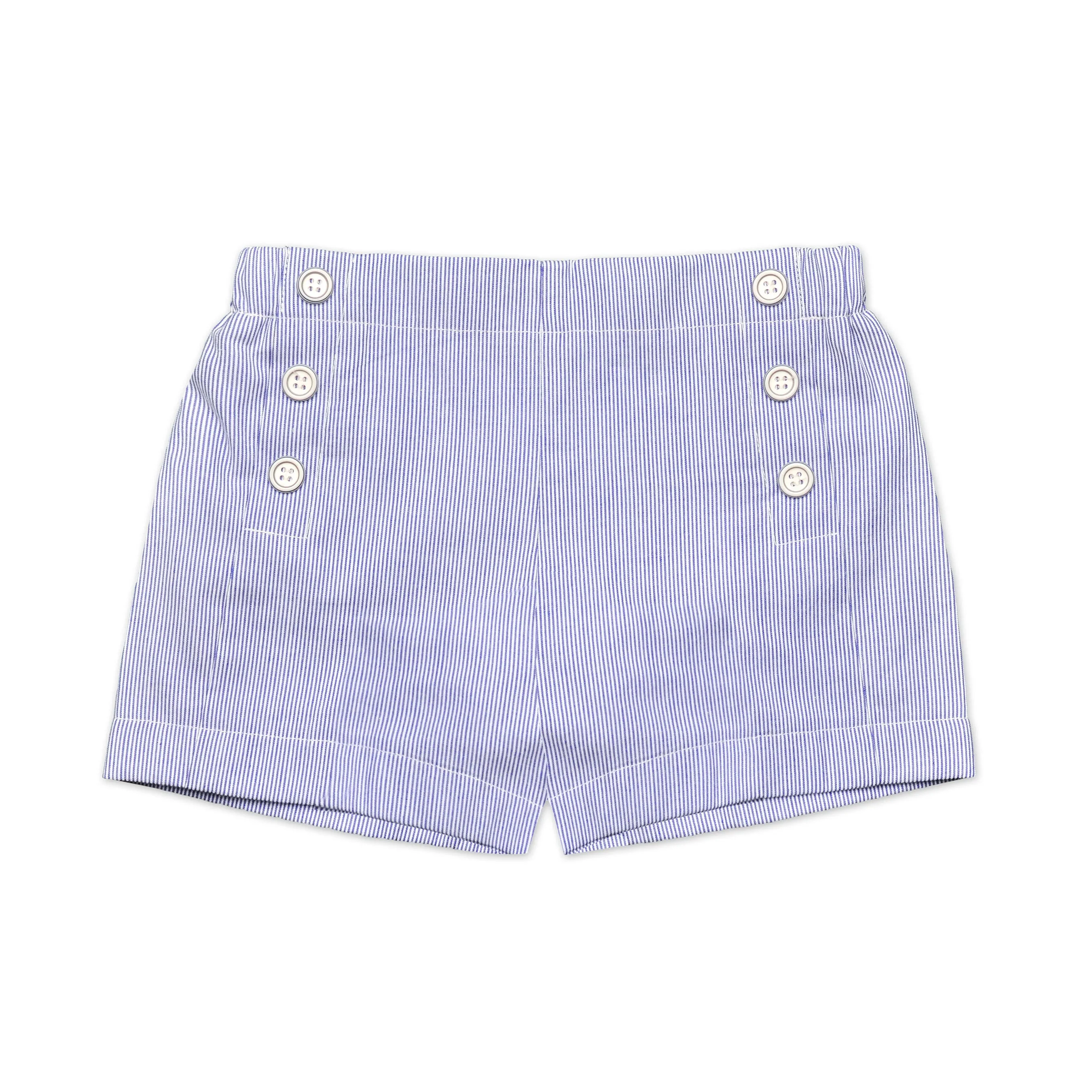 Sailor Button Shorts Navy Seersucker Stripe