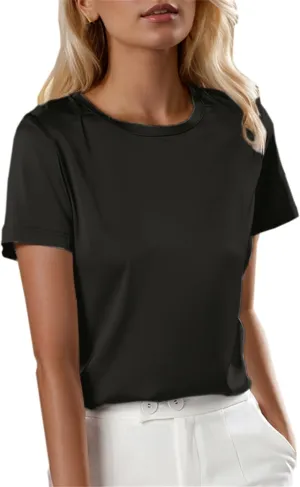 SANGTREE Women's Crew Neck Short Sleeve Satin Silk Blouse Tops