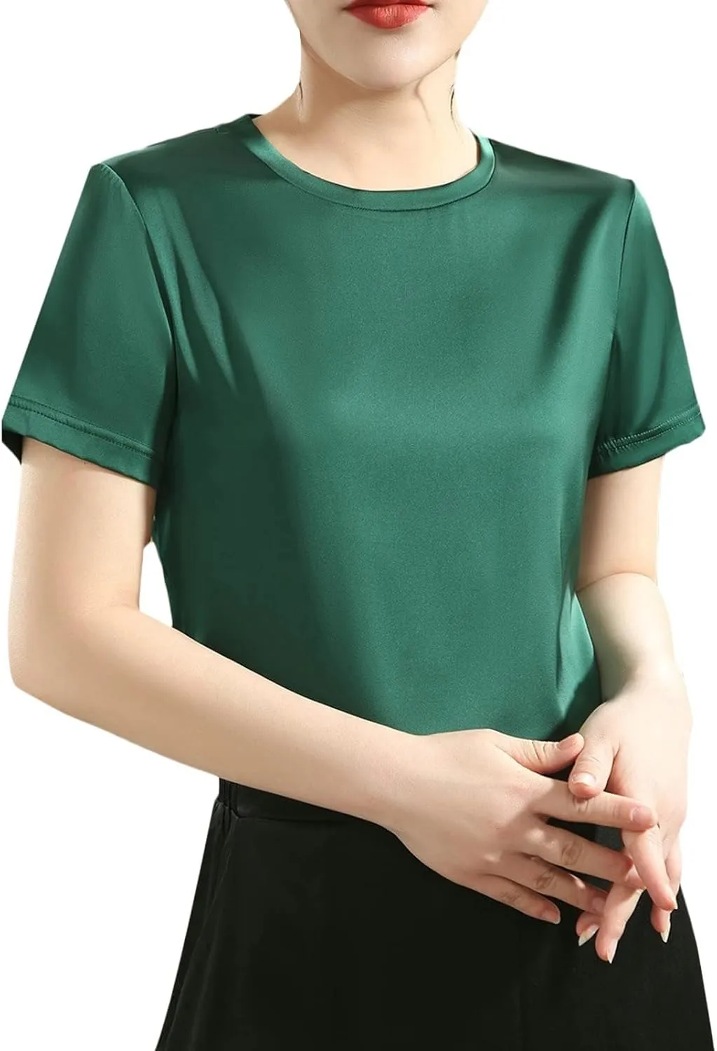 SANGTREE Women's Crew Neck Short Sleeve Satin Silk Blouse Tops