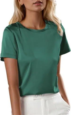 SANGTREE Women's Crew Neck Short Sleeve Satin Silk Blouse Tops