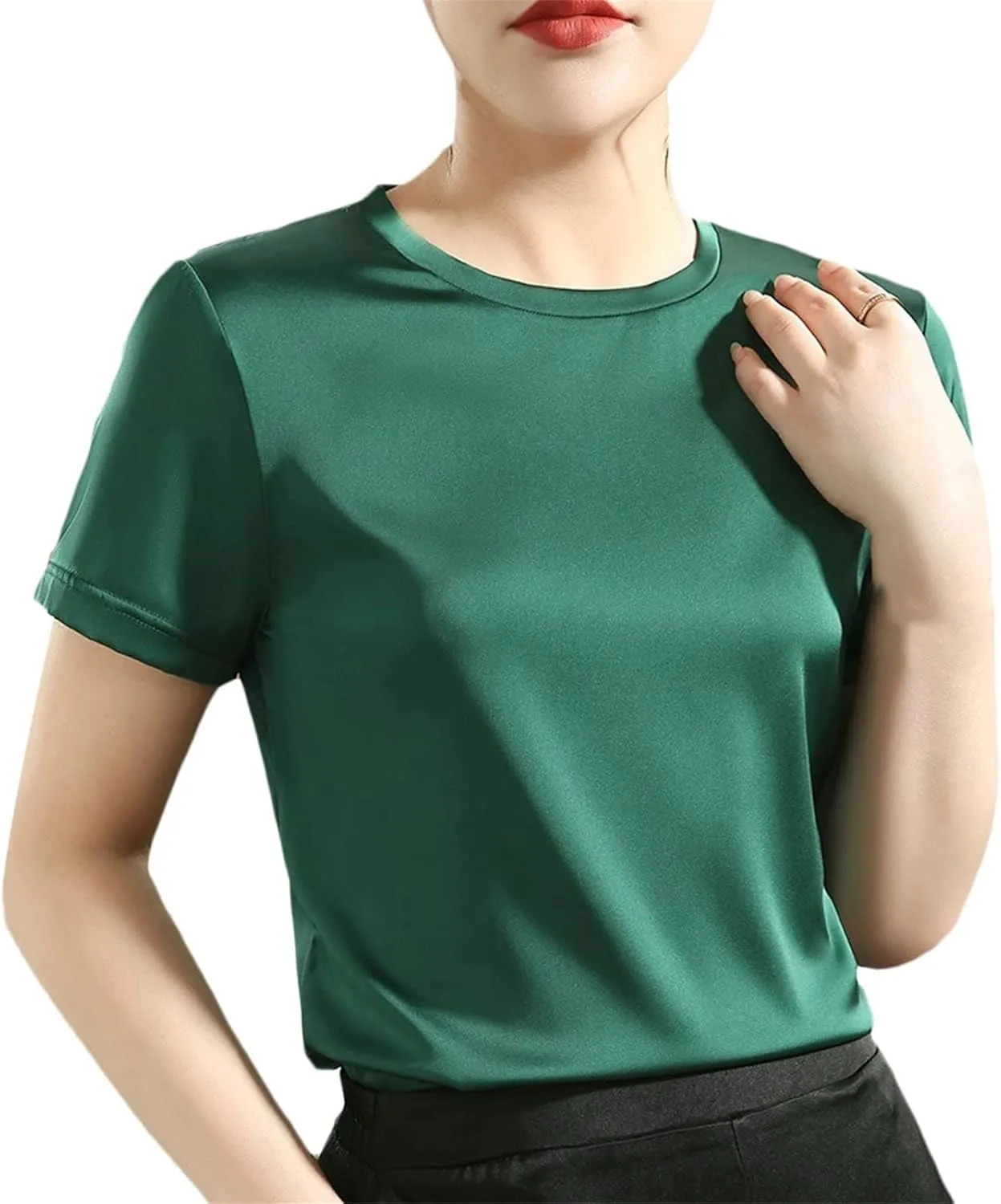 SANGTREE Women's Crew Neck Short Sleeve Satin Silk Blouse Tops