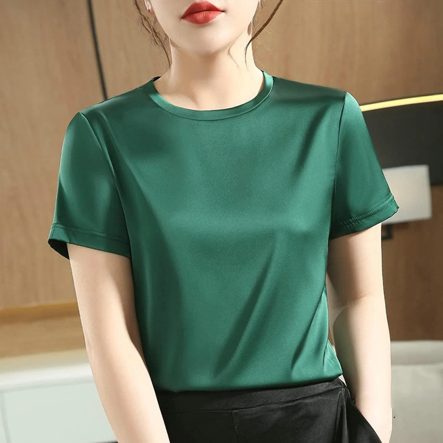 SANGTREE Women's Crew Neck Short Sleeve Satin Silk Blouse Tops