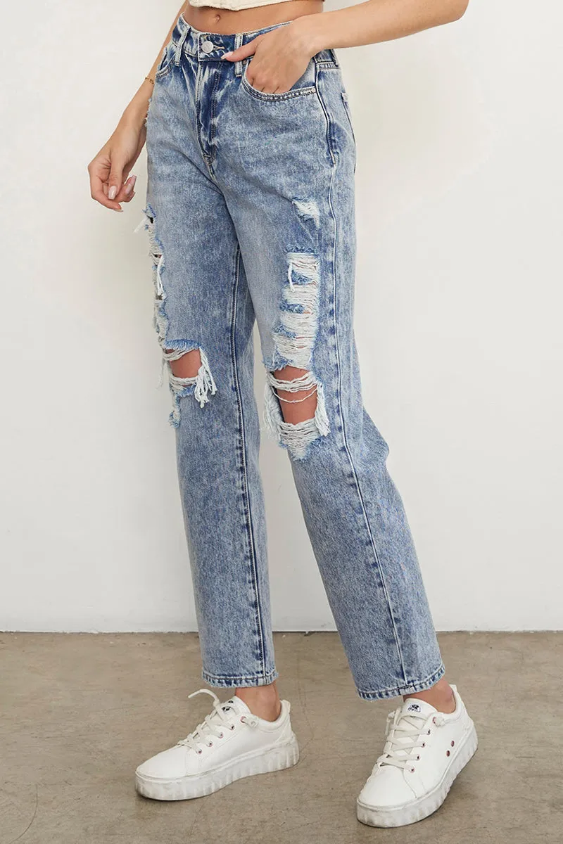Stonewashed High Waist Ripped Boyfriend Jeans