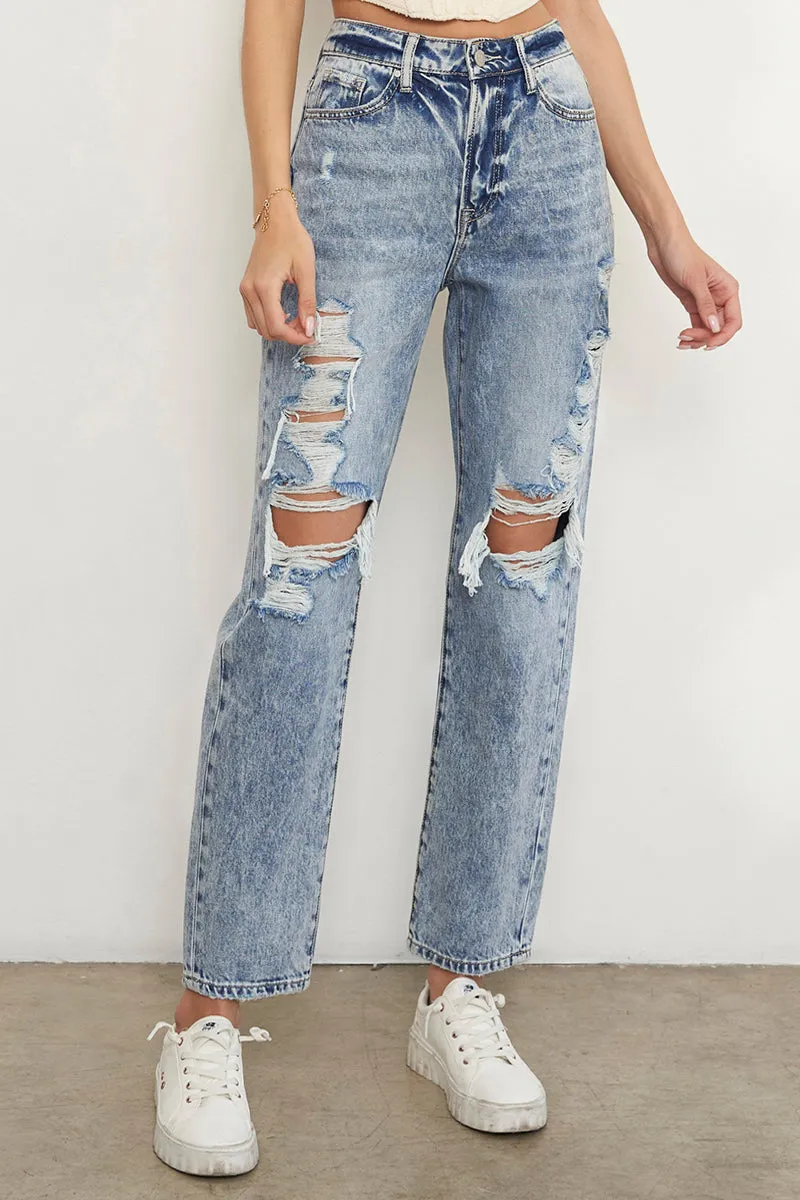 Stonewashed High Waist Ripped Boyfriend Jeans