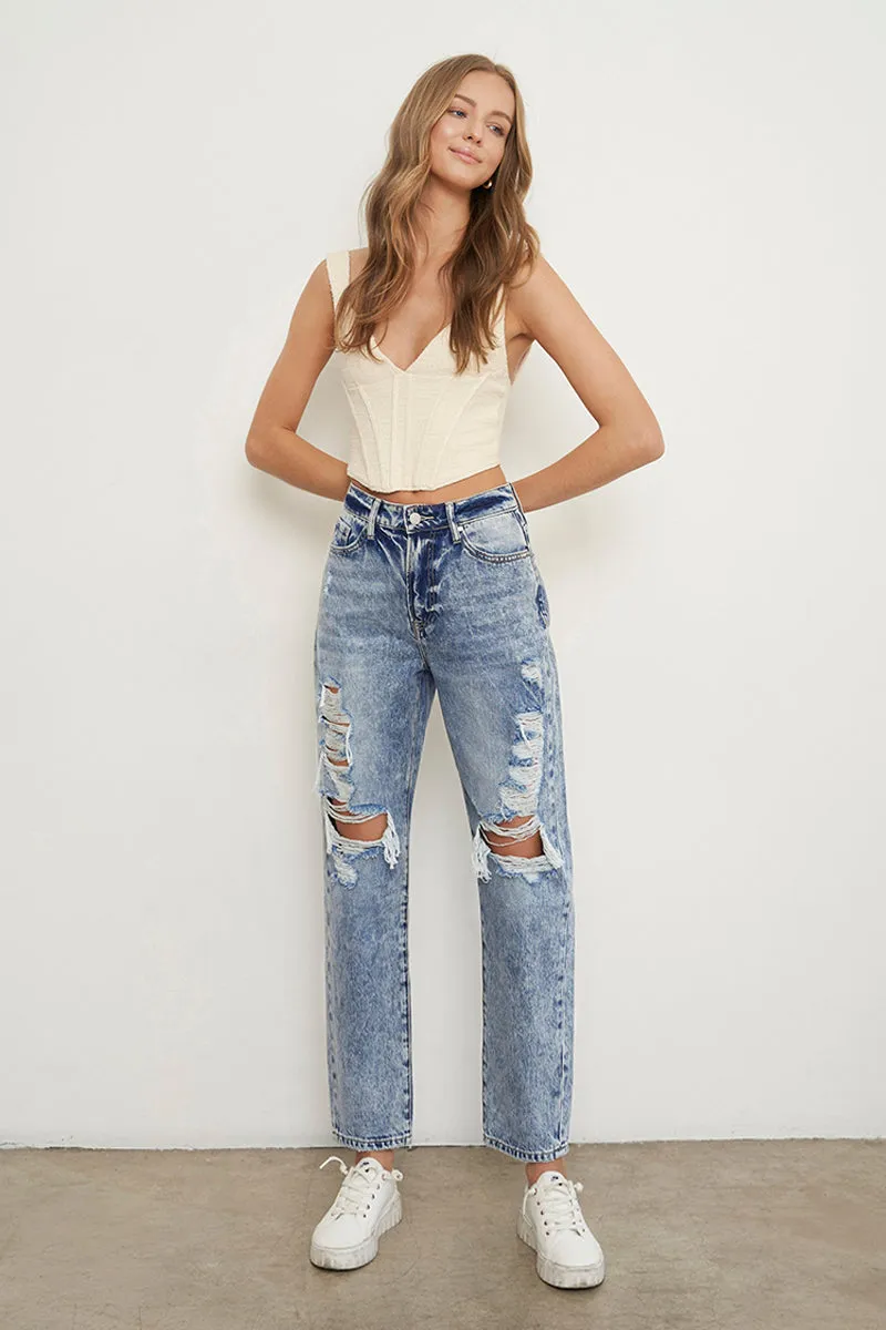 Stonewashed High Waist Ripped Boyfriend Jeans