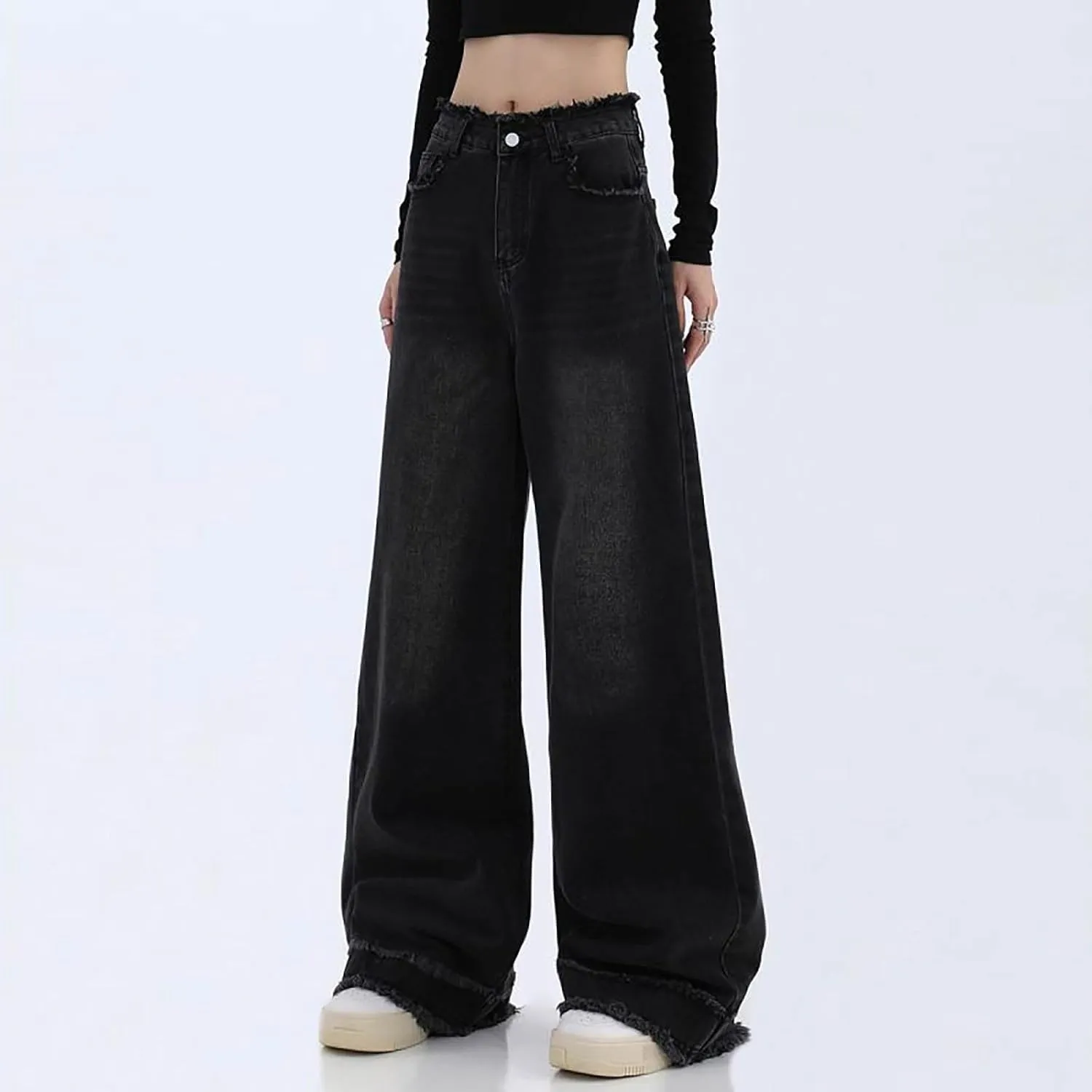 Straight Leg Jeans for Women High Waisted Wide Leg Boyfriend Denim Pants Frayed Raw HemCasual Baggy Trousers