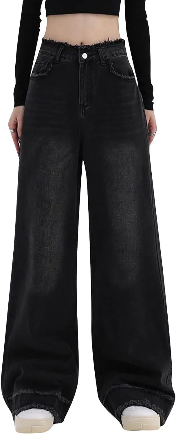 Straight Leg Jeans for Women High Waisted Wide Leg Boyfriend Denim Pants Frayed Raw HemCasual Baggy Trousers