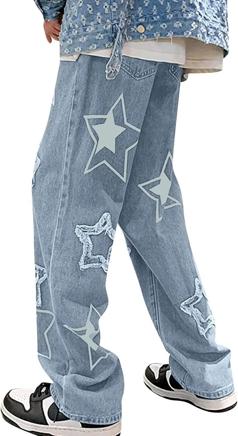 Straight Leg Jeans for Women High Waisted Wide Leg Boyfriend Denim Pants Frayed Raw HemCasual Baggy Trousers
