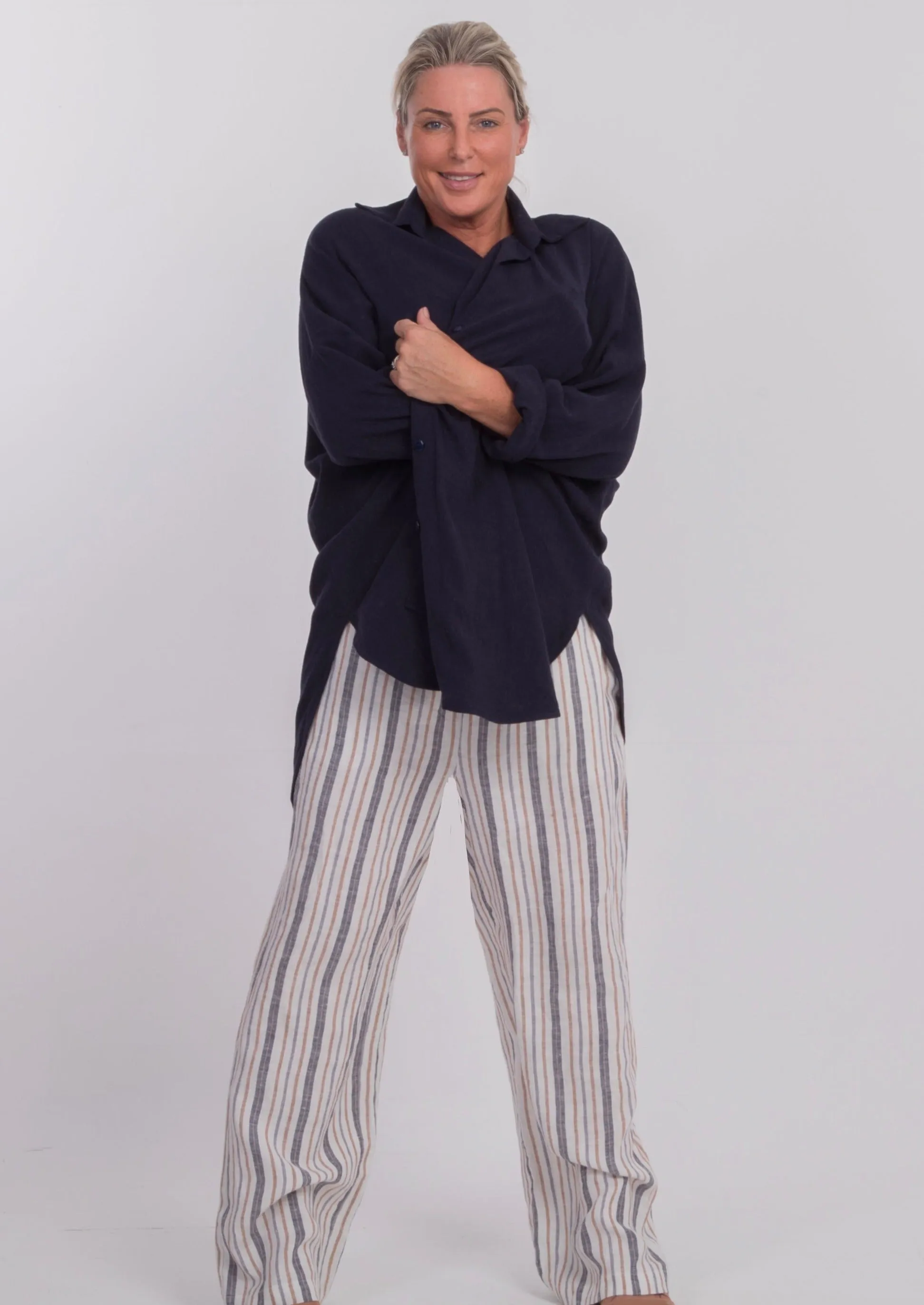 W-THE CAPRI WIDE-LEGGED TROUSERS IN STRIPED LINEN