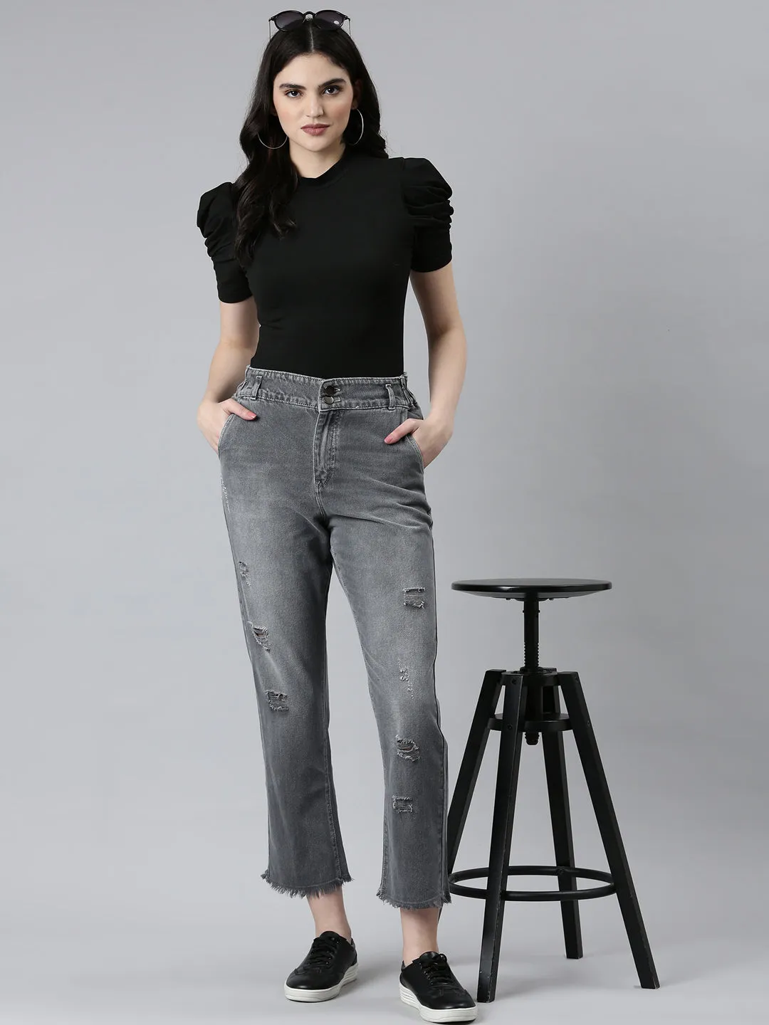 Women Grey Boyfriend Fit Heavy Denim Jeans