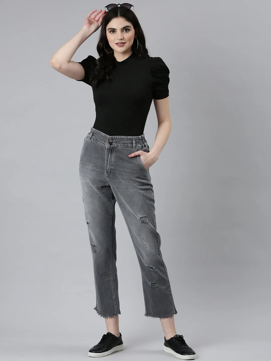 Women Grey Boyfriend Fit Heavy Denim Jeans