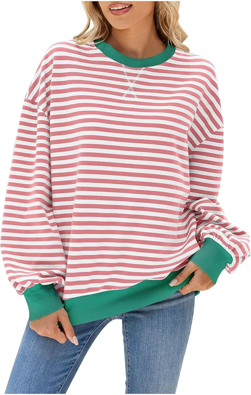 Women Long Sleeve Oversized Sweatshirts Striped Colors Block Pullover Tops Comfort Crewneck Hoodies Trendy Clothes