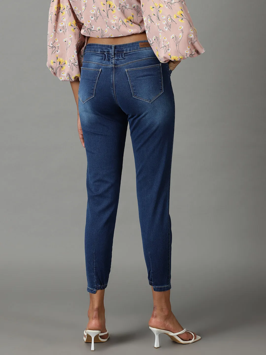 Women Navy Blue Regular Fit High-Rise Light Fade Acid Wash Stretchable Cotton Jeans