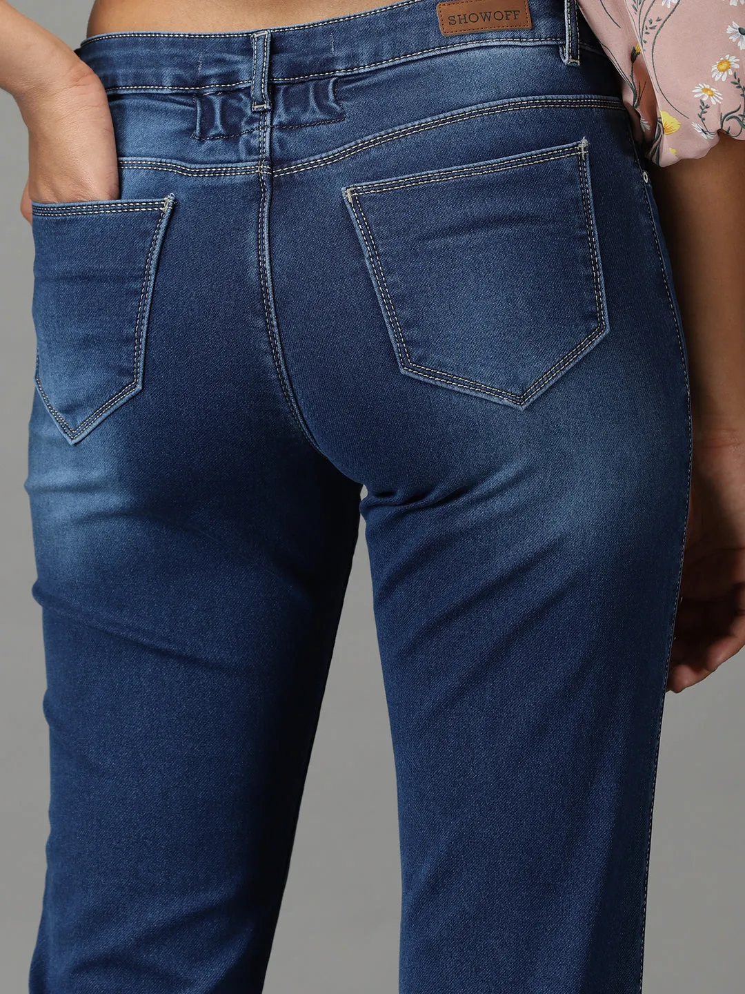 Women Navy Blue Regular Fit High-Rise Light Fade Acid Wash Stretchable Cotton Jeans