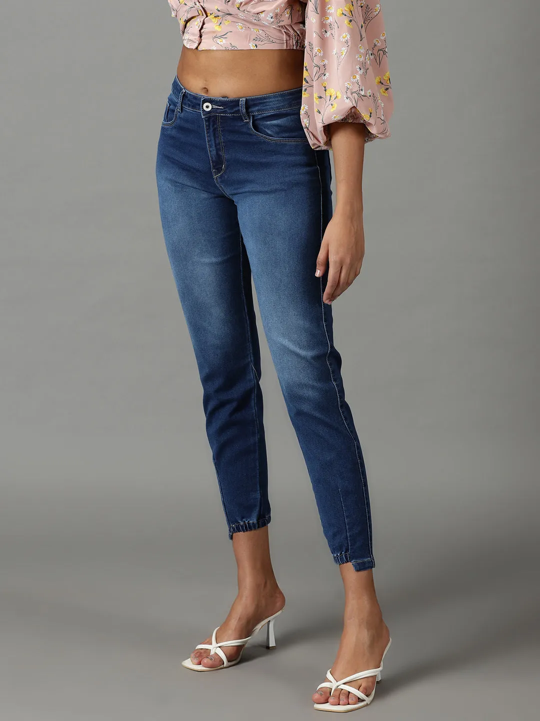 Women Navy Blue Regular Fit High-Rise Light Fade Acid Wash Stretchable Cotton Jeans
