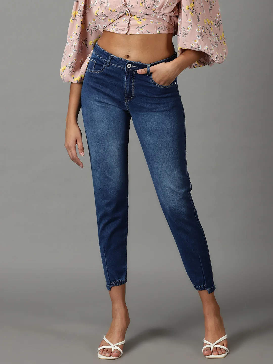 Women Navy Blue Regular Fit High-Rise Light Fade Acid Wash Stretchable Cotton Jeans