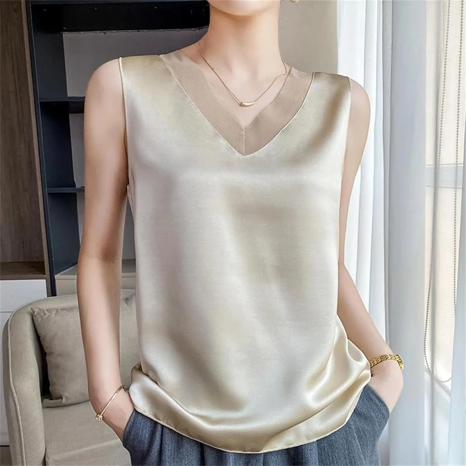 Women Silk Camisole Summer Satin V-Neck Thin Sleeveless Top Fashion Casual Bottoming Shirt