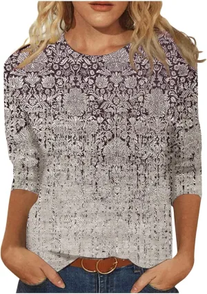 Women's 3/4 Length Sleeve Tops Cute Print Graphic Tees Blouses Casual Plus Size Basic Tops Pullover Tops