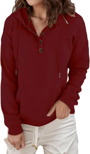 Women's Hoodies Button Down Oversize Hooded Sweatshirts Casual Long Sleeve Drawstring Pullover Tops with Pocket